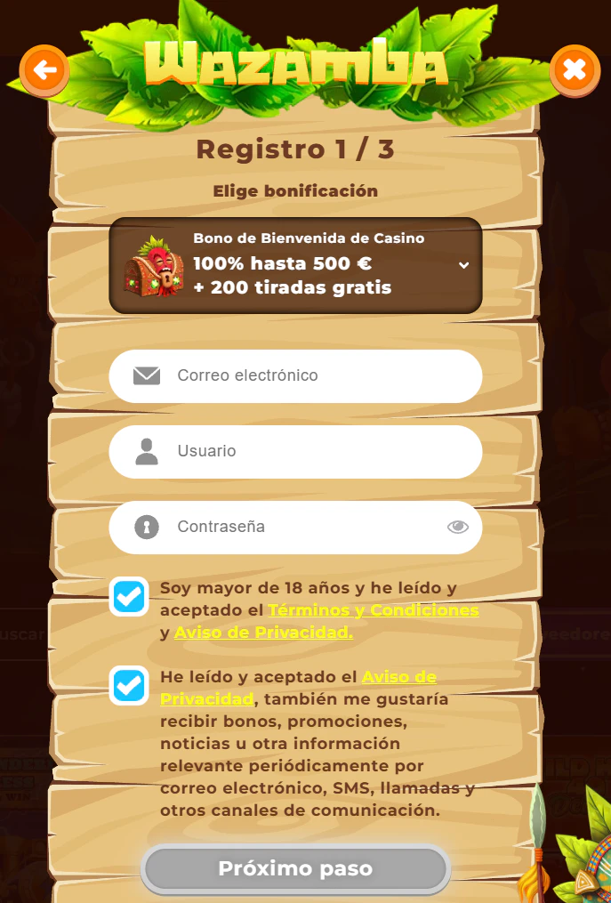 Wazamba Casino formulario de registro con bono de bienvenida
